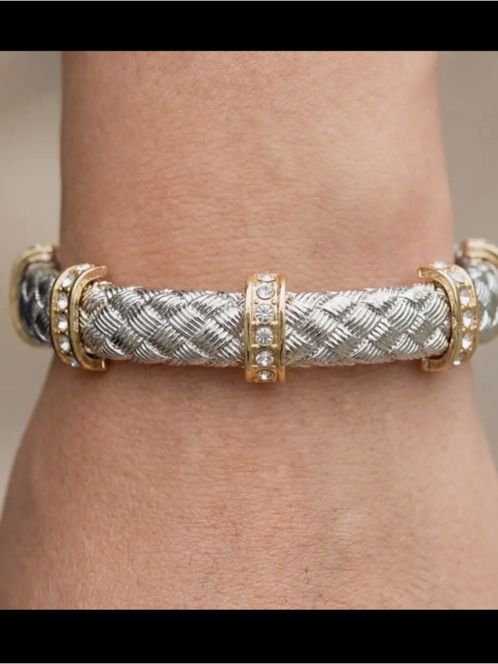 ShopEvelynne Silver Braided Bracelet with Gold Crystal Rings